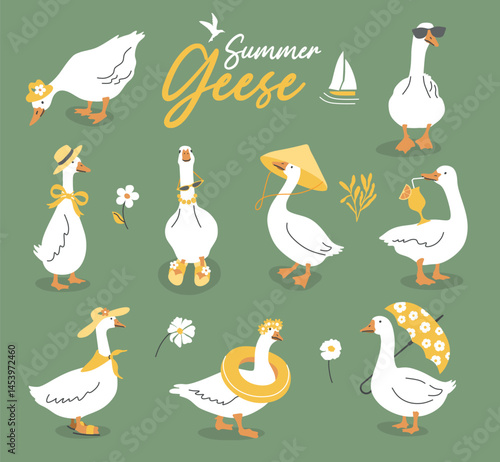 Cute geese set on green background. Goose character vector illustration. Funny white ducks in summer style. Cottage core farm bird mascot.