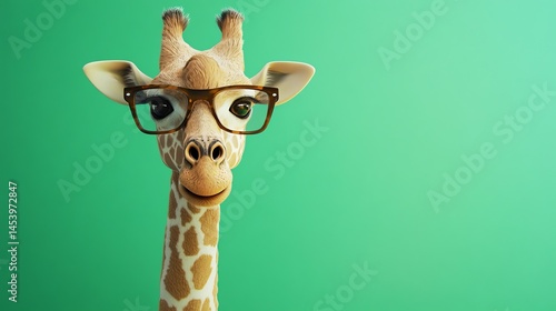 3D render of a giraffe wearing stylish glasses, isolated on a bright green background.