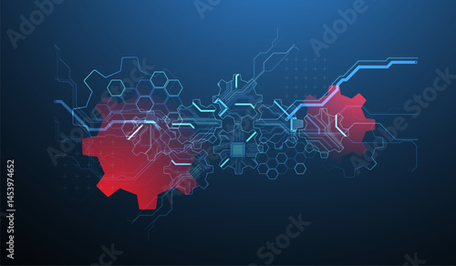 Stylized view of gears integrated with microcircuits. Concept of combining mechanics and electronics. Vector