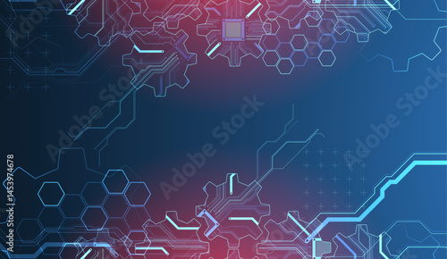 Stylized view of gears integrated with microcircuits. Concept of combining mechanics and electronics. Vector