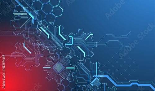 Stylized view of gears integrated with microcircuits. Concept of combining mechanics and electronics. Vector