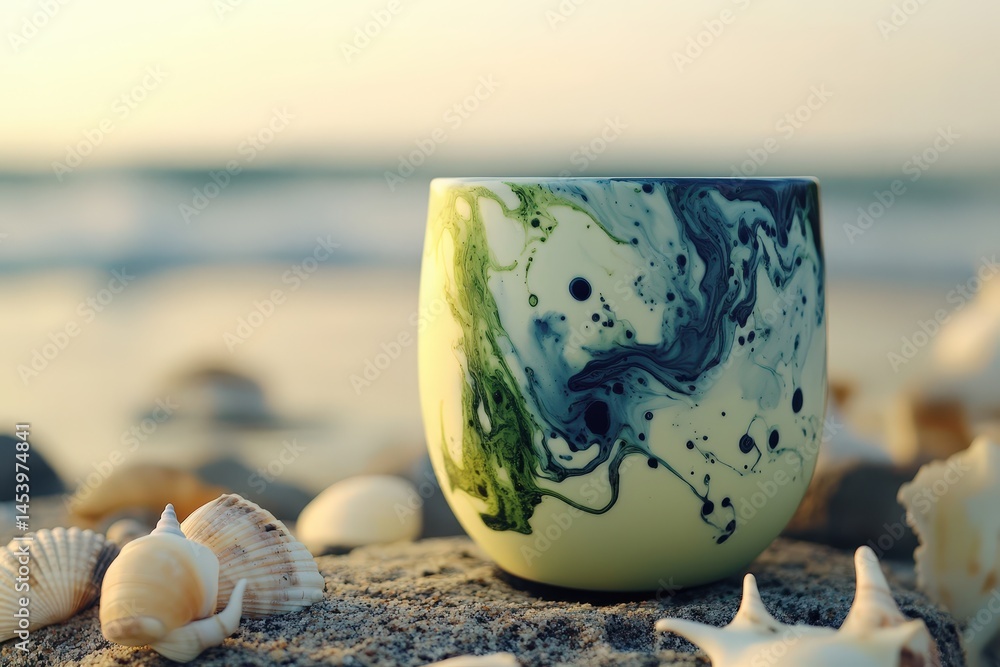 Hand-painted ceramic bowl on a sandy beach. Hand-painted ceramic bowl on a sandy beach.