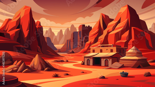 A desert landscape with a house in the middle. The house is surrounded by rocks and there is a small pot on the ground. The sky is orange and the mountains are in the background