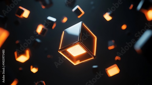 3D render of a glowing cube floating in a dark, volumetric space with scattered light effects.