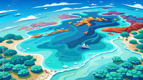 A blue ocean with a boat in it. The boat is sailing in the water. The sky is blue and clear