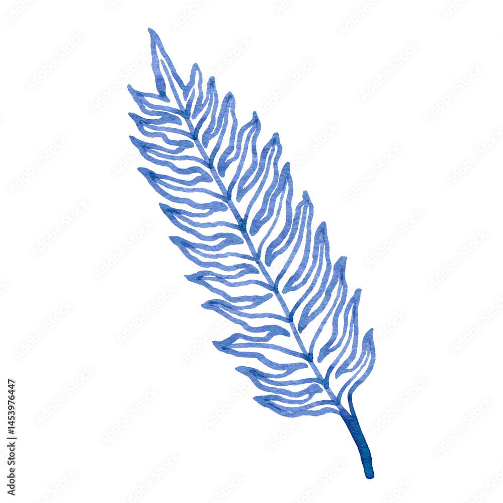 Obraz premium Watercolour hand drawn blue floral fern branch, foliage exotic plant, blue watercolour branch use as print, poster, element design, textile, fabric, invitation, clothes print, label, sticker. 