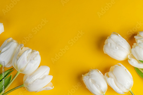 Obraz na płótnie white tulips on yellow paper, yellow paper and white tulip flowers, real white flowers lie on paper w salonie