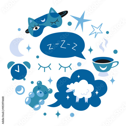 Round healthy sleep composition with eye mask, tea, moon, stars, sleepy melatonin bear, alarm clock and Zzz bubbles. Flat cartoon vector illustration for wellness and night routines concept