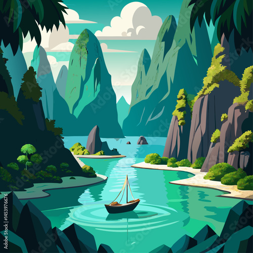 A boat sails on a lake in a mountainous area. The mountains are green and the sky is blue