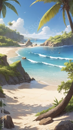 Idyllic tropical beach with turquoise water, lush foliage, and golden sand under a sunny sky.