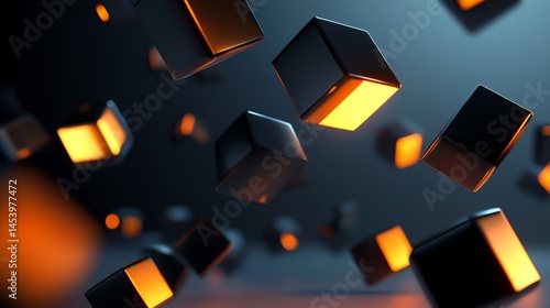 3D render of black cubes suspended against a dark teal background, illuminated by golden light.