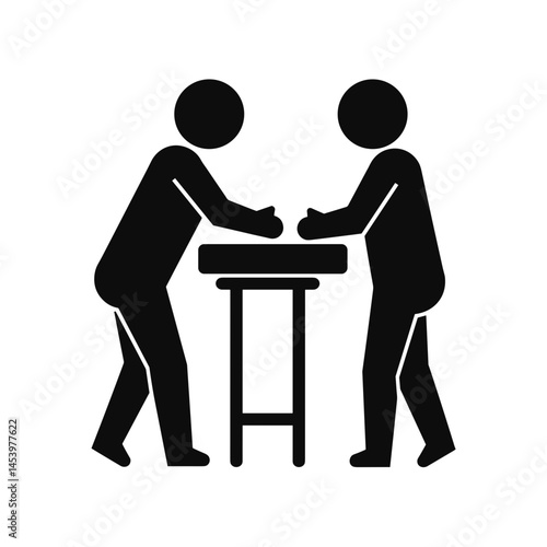 Two people arm wrestling, vector illustration, black and white, competition icon