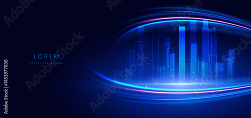 Futuristic glowing night cityscape on dark blue background with lighting effect and sparkle. City landscape.