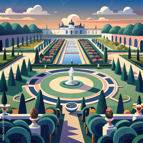 A beautiful garden with a fountain in the center. The fountain is surrounded by trees and bushes. The sky is blue and the sun is setting