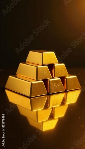 Stacked gold bars, pyramid shape, golden mirror, investment, rich, market