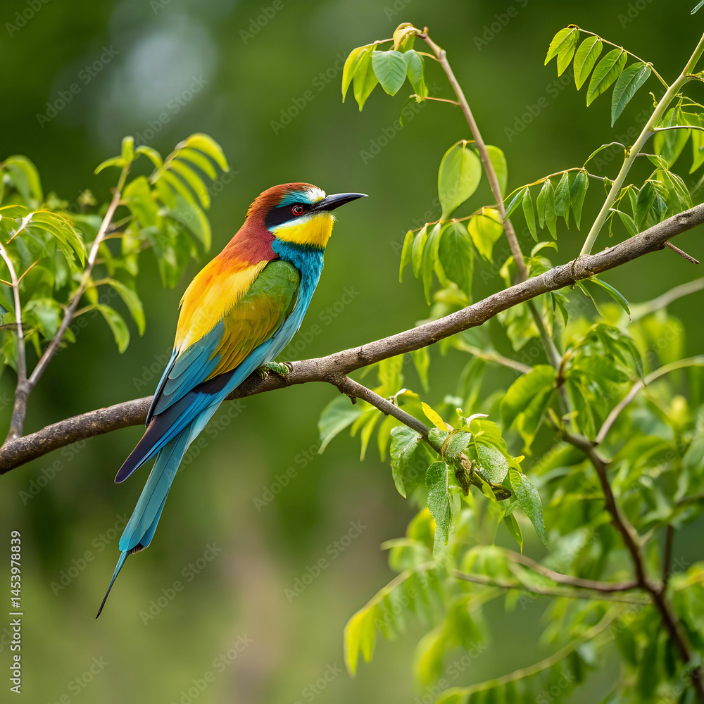 Fototapeta premium a vibrant and colorful bird perches on a thin bran