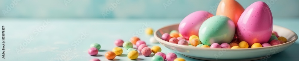 Vibrant dyed eggs, pastel candies spill onto a ceramic plate , chocolate, bunny, springtime celebration Vibrant dyed eggs, pastel candies spill onto a ceramic plate , chocolate, bunny, springtime celebration
