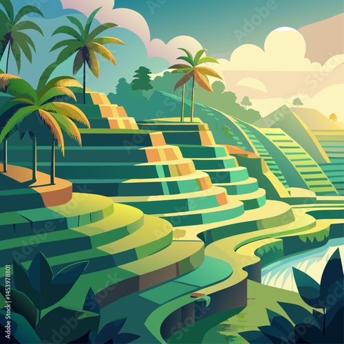 A lush green hillside with palm trees and a river. The scene is peaceful and serene, with the palm trees providing a sense of tropical paradise. The green hills and the river create a beautiful