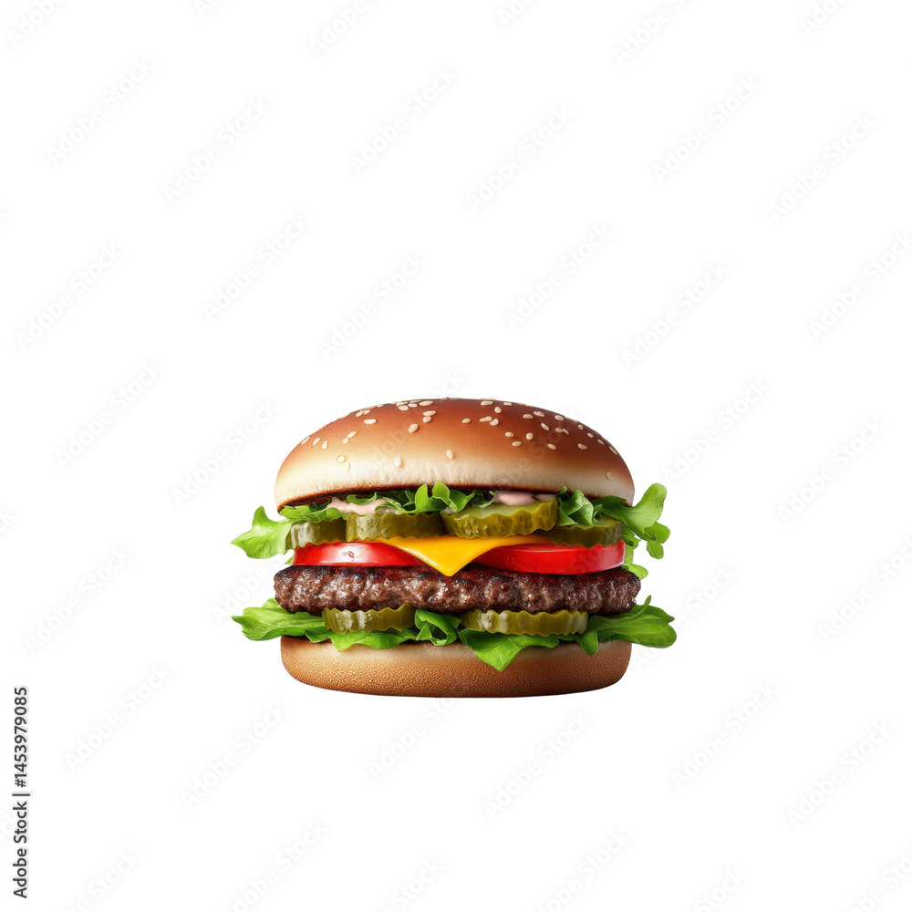 Juicy Cheeseburger with Sesame Seed Bun, Lettuce, Tomato, Pickles and Sauce Juicy Cheeseburger with Sesame Seed Bun, Lettuce, Tomato, Pickles and Sauce