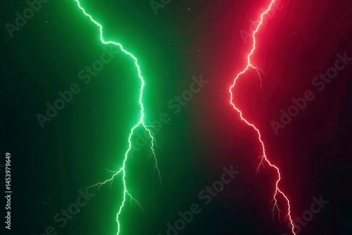 Clashing green and red lightning bolts against dark background, illustration, background, dark