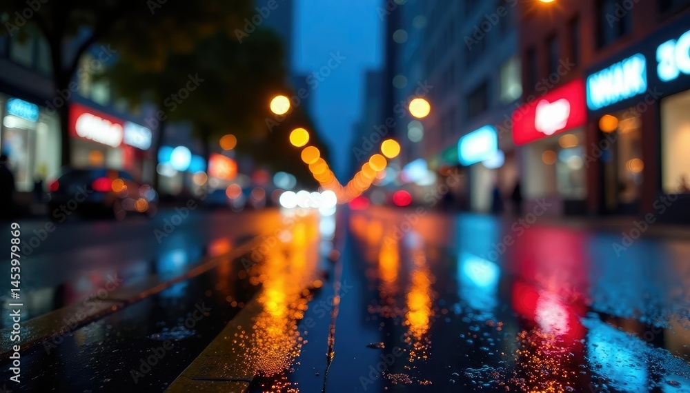 Abstract late-night city lights reflecting on wet pavement, scene, graphic Abstract late-night city lights reflecting on wet pavement, scene, graphic