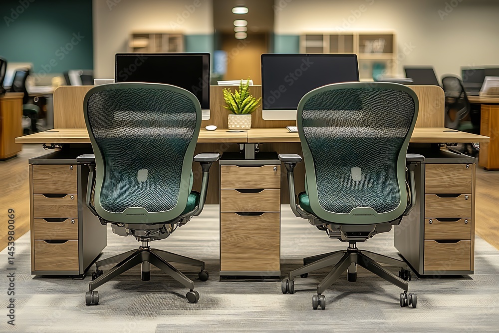 Green mesh chairs face monitors on wooden desks in a brightly lit modern office space Green mesh chairs face monitors on wooden desks in a brightly lit modern office space