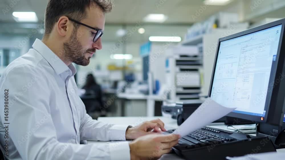 Focused office worker checking documents at computer desk in modern workplace. Focused office worker checking documents at computer desk in modern workplace.