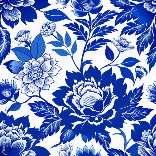Luxurious Floral Chinoiserie seamless vector pattern in Blue and White