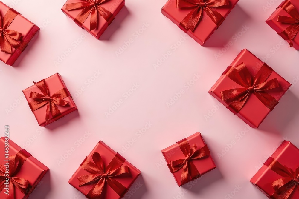 Elegant red ribbon tied gift boxes, seamless pattern, paper, ribbon Elegant red ribbon tied gift boxes, seamless pattern, paper, ribbon