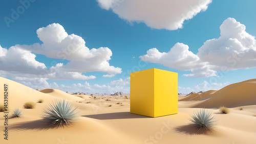 3D, Surreal desert landscape with Yellow box and white clouds on blue sky