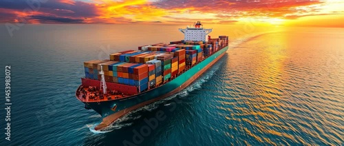 Wallpaper Mural Container ship cargo ship ocean sea sunset shipping transportation freight water sky colorful industry vessel maritime container horizon travel trade logistics large commercial blue orange clouds Torontodigital.ca