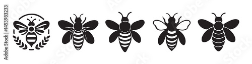 Black bee icon in a silhouettes style. Honey Bee icon, honey bee isolated on white background. Vector Illustration eps 10