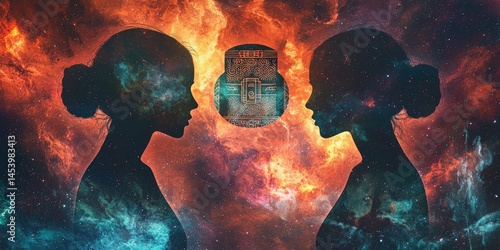 Cosmic balance represented by mirrored women, a radiant Bagua floating in between, all wrapped in vibrant nebula tones