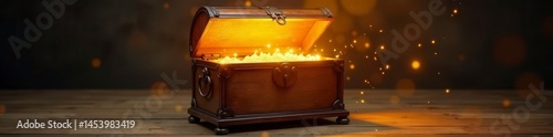 Antique wooden chest, glowing gold light spills from open lid, radiant, magic, box