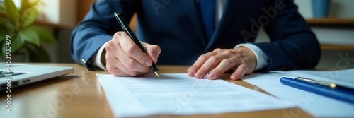 Business leader reviews paperwork, pen poised, analysis, focus, leadership