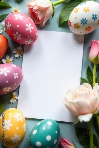 Close-up of painted eggs, delicate flower arrangement, empty notecard , macro, close-up