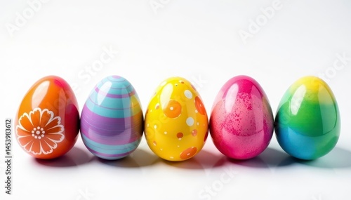 Close-up of rainbow Easter eggs, various patterns, against pure white , white, easter eggs, texture
