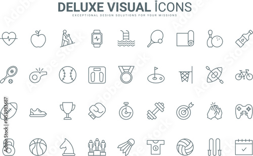 Outline symbols of sport activity and fitness workout, golf game and tennis tournament, basketball and boxing. Professional sport and hobby thin black and red line icons set vector illustration