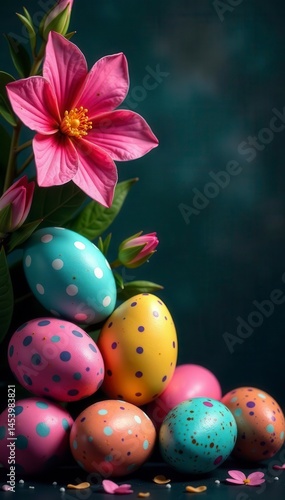 Dark background, vibrant blooms entwined with speckled Easter eggs, background, stylish