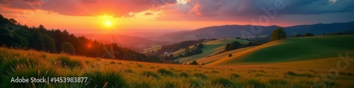 Deepening shadows engulf rolling pastureland as the sun dips below distant hills , green, background