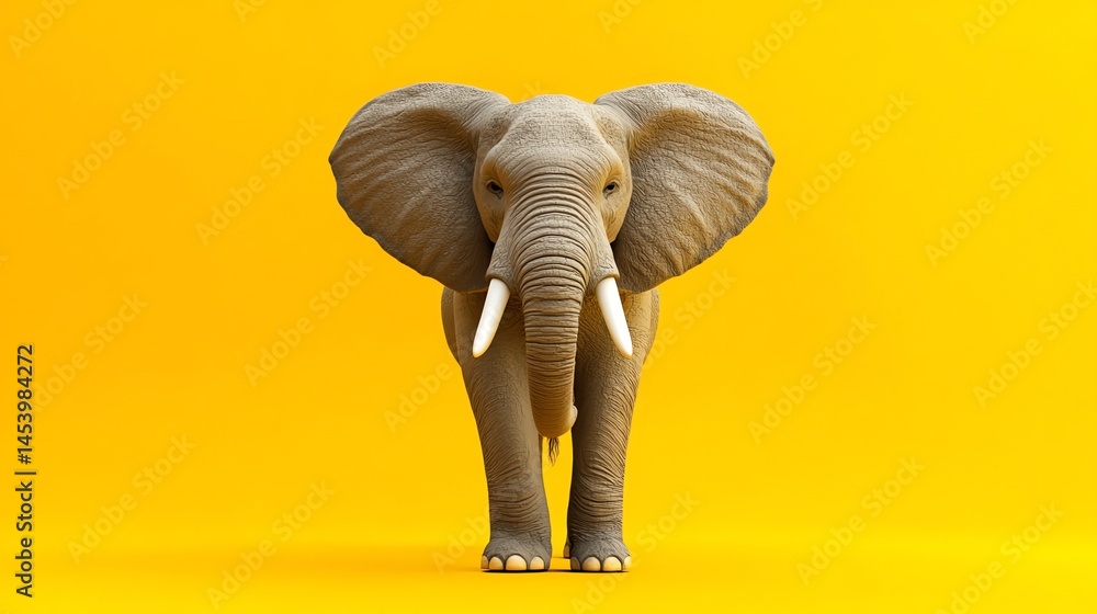 Obraz premium 3D render of an elephant standing upright on a yellow background, showcasing its large ears and tusks.