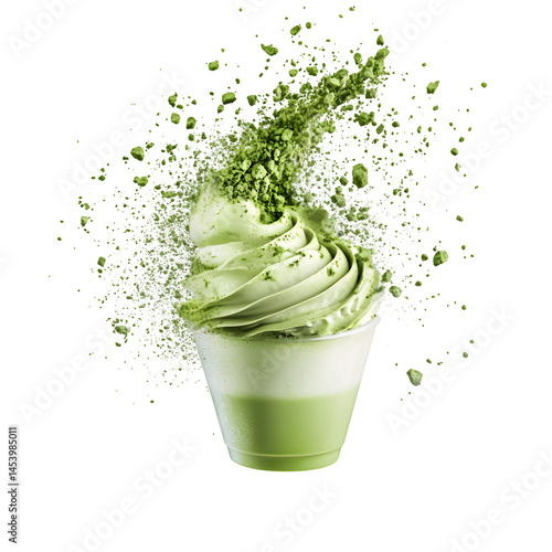 Matcha latte swirl with thick foam art and green tea dust, hovering without a cup, sharp white background.