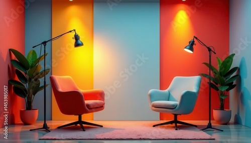 Modern minimalist podcast studio, two chairs, microphone , backdrop, chairs