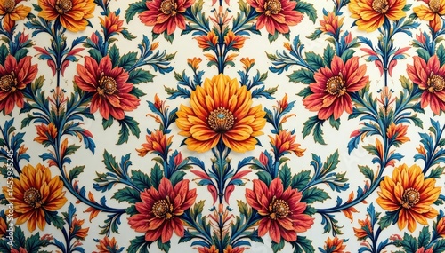 Intricate floral textile design, repeating motif, motif, textile, background