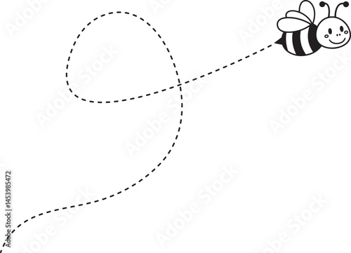 Cartoon bee flying along a dotted path. Bee flying on a dotted route vector illustration