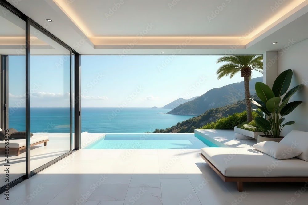 Fototapeta premium Sleek coastal residence, sun-drenched patio overlooking the sea, blue, sunset
