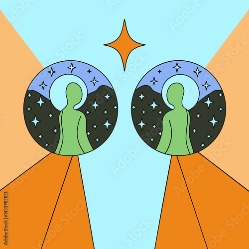 Groovy retro illustration with mirrored figures, a star, and colorful geometric shapes. Psychedelic art.