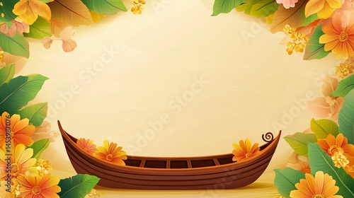 Decorative Onam Background with Boat Race Theme on Wooden Surface