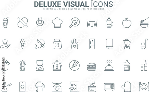 Outline symbols of electrical appliances and chefs tools to fry, mix and cook, prepare food and drink, kitchenware and recipe book. Kitchen thin black and red line icons set vector illustration