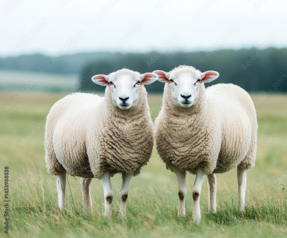 Naklejka premium Two white Texel sheep, a muscular breed of domestic sheep